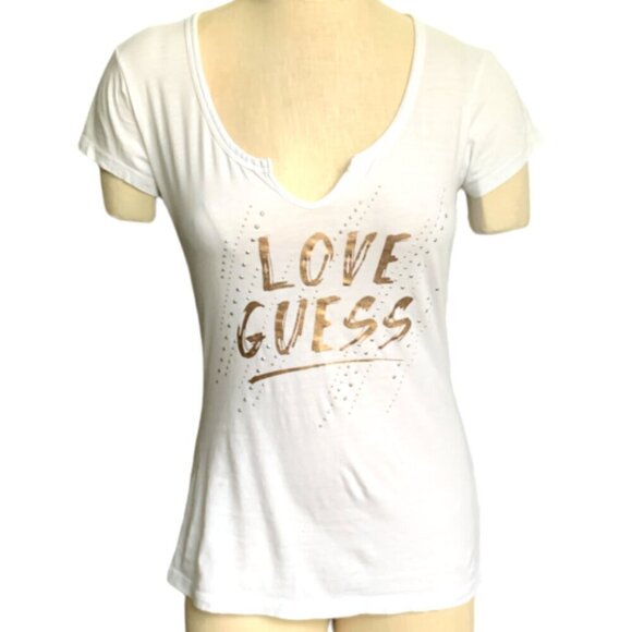 GUESS White Graphic Tee Beaded/Studed Sz M #67G - Picture 1 of 6